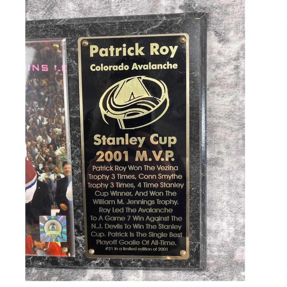 Patrick Roy Colorado Avalanche Stanley Cup 2001‎ MVP Plaque Ltd. Edition 21 NHL